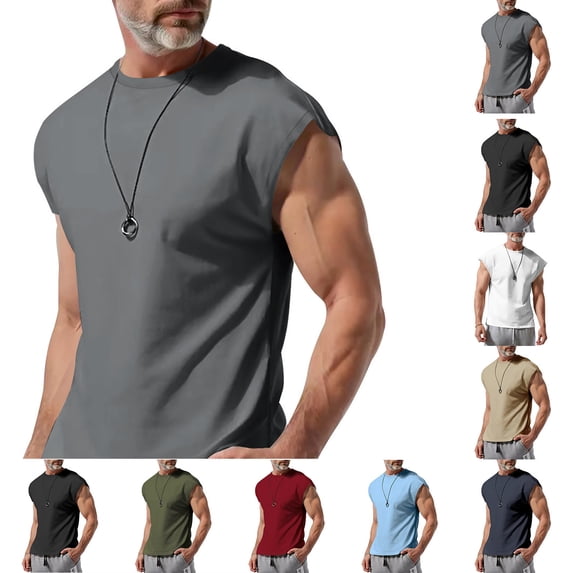 Hzzrkos Men Casual Slim Solid Color Crew‑Neck Cap Sleeve Basic T‑Shirt Tees