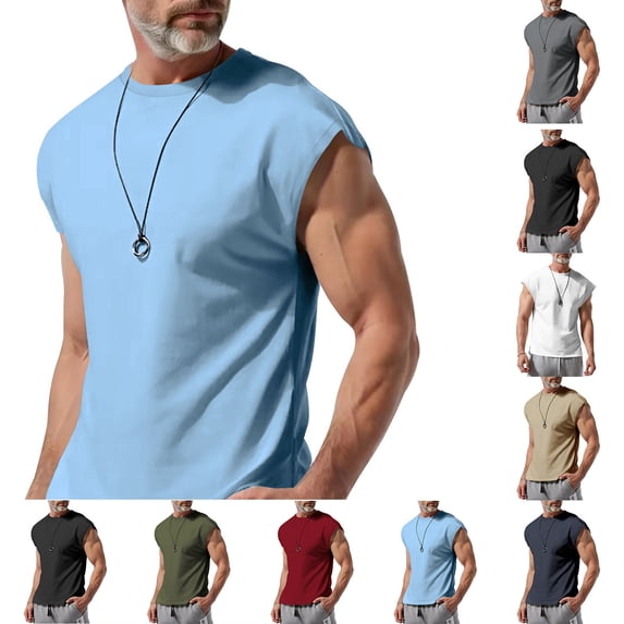 Hzzrkos Men Casual Slim Solid Color Crew‑Neck Cap Sleeve Basic T‑Shirt Tees