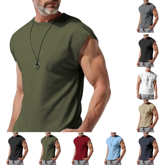 Men Casual Loose Solid Color Crew-Neck Cap Sleeve Basic T-Shirt Army Green XXL