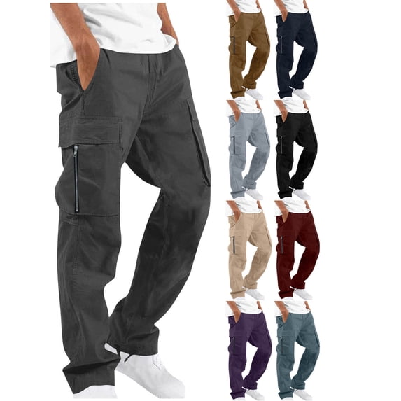 Hzzrkos Men Casual Straight Cargo Work Trousers Solid Elastic Waist Drawstring Sport Pants with Multi Side Pockets for Outdoor Workout Daily Wear Dark Gray