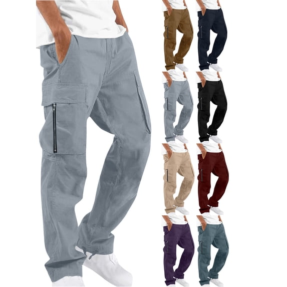 Hzzrkos Men Casual Straight Cargo Work Trousers Solid Elastic Waist Drawstring Sport Pants with Multi Side Pockets for Outdoor Workout Daily Wear Gray