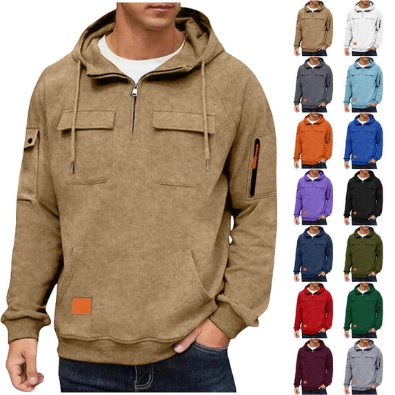 Hzzrkos Men Fashion Casual Loose Solid Color Quarter Zip Stand Collar Long Sleeve Multi Patch Pocket Decorative Tag Pullover Sweatshirt Hoodie Top