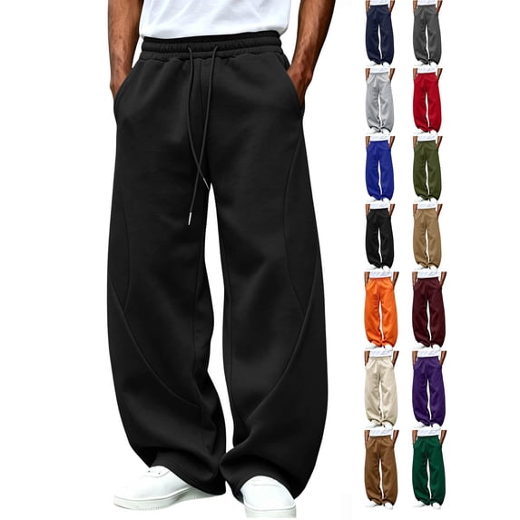Hzzrkos Men's Wide Leg Sweatpants Casual Fleece Lined Lounge Pants Drawstring Elastic Waist Baggy Jogger Pants Loose Fit Athletic Streetwear Trousers with Side Pockets Black L