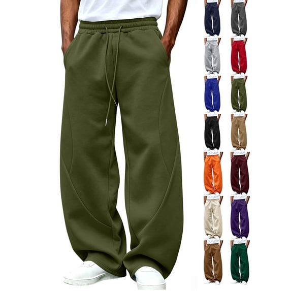 Hzzrkos Men's Wide Leg Sweatpants Casual Fleece Lined Lounge Pants Drawstring Elastic Waist Baggy Jogger Pants Loose Fit Athletic Streetwear Trousers with Side Pockets Green#1 S