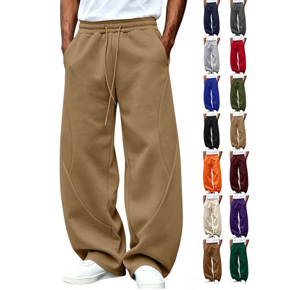 Hzzrkos Men's Wide Leg Sweatpants Casual Fleece Lined Lounge Pants Drawstring Elastic Waist Baggy Jogger Pants Loose Fit Athletic Streetwear Trousers with Side Pockets Khaki#1 XXXL