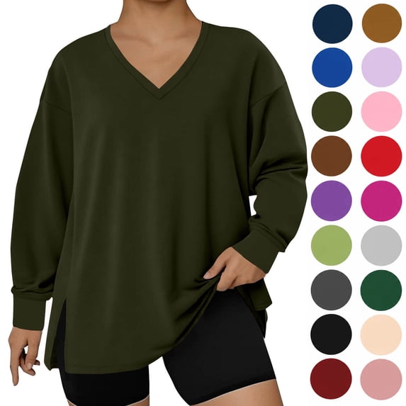 Hzzrkos Plus Size Sweatshirts for Women V Neck Long Sleeve Pullover Side Slit Tunic Top Casual Loose Fit Sweatshirt Lightweight Everyday Fall Winter Top Army Green XXXXL
