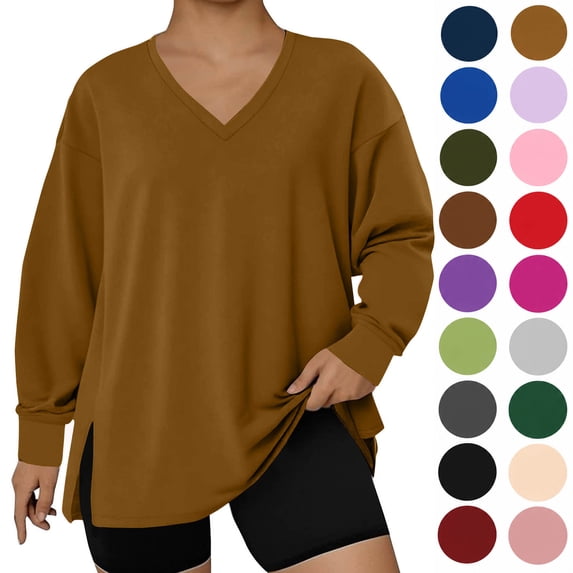 Hzzrkos Plus Size Sweatshirts for Women V Neck Long Sleeve Pullover Side Slit Tunic Top Casual Loose Fit Sweatshirt Lightweight Everyday Fall Winter Top Khaki L