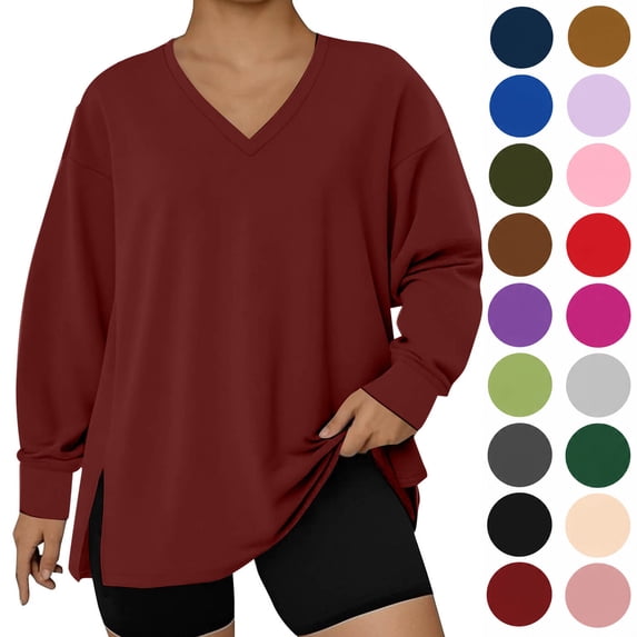 Hzzrkos Plus Size Sweatshirts for Women V Neck Long Sleeve Pullover Side Slit Tunic Top Casual Loose Fit Sweatshirt Lightweight Everyday Fall Winter Top Wine XXXXXL