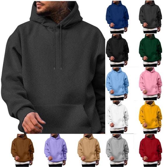 Hzzrkos Men Fashion Loose Solid Color Long Sleeve Hooded Drawstring Patch Pocket Pullover Hoodie Sweatshirt Top