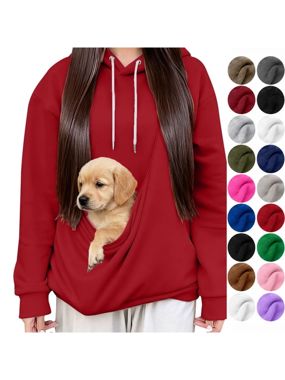 Unisex Pet Carrier Hoodie Kangaroo Pocket Sweatshirt Long Sleeve Drawstring Hooded Pullover with Built In Pet Pouch for Small Dogs Cats Casual Daily Wear Red XL
