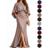Split Jeans Sticker Hzzrkos Women Batwing Sleeve Maxi Dress Elegant Ruched Waist Long ...