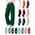 thumbnail image 1 of Hzzrkos Women Casual Athletic High Waist Loose Solid Color Elastic Waist Wide Leg Pants With Pockets for Yoga Workout Loungewear Daily Outfit Army Green L, 1 of 7