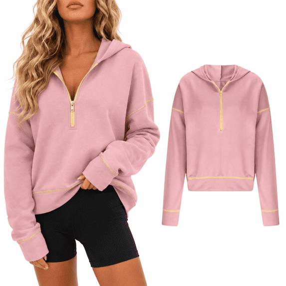 Hzzrkos Women Casual Fashion Loose Solid Color Hooded Long Sleeve Half Zip Drawstring Sweatshirt Hoodie Pink