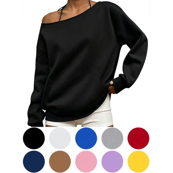 Hzzrkos Women Casual Fashion Loose Solid Color Off Shoulder Long Sleeve Asymmetrical Neck Pullover Tunic Blouse Top Relaxed Fit Everyday Fashion Shirt Black M