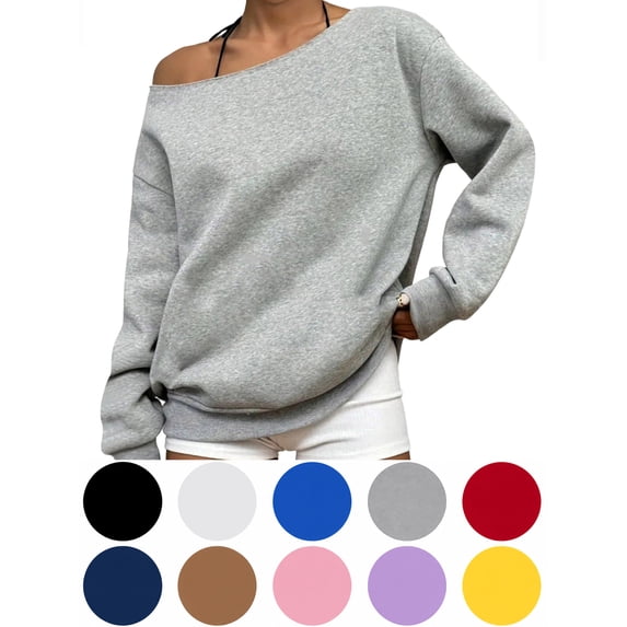 Hzzrkos Women Casual Fashion Loose Solid Color Off Shoulder Long Sleeve Asymmetrical Neck Pullover Tunic Blouse Top Relaxed Fit Everyday Fashion Shirt Gray XXS