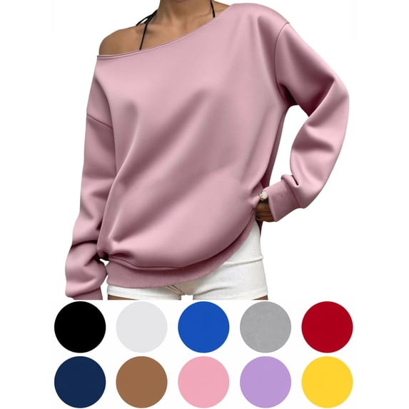 Hzzrkos Women Casual Fashion Loose Solid Color Off Shoulder Long Sleeve Asymmetrical Neck Pullover Tunic Blouse Top Relaxed Fit Everyday Fashion Shirt Pink XXS