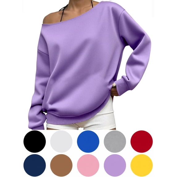 Hzzrkos Women Casual Fashion Loose Solid Color Off Shoulder Long Sleeve Asymmetrical Neck Pullover Tunic Blouse Top Relaxed Fit Everyday Fashion Shirt Purple XS