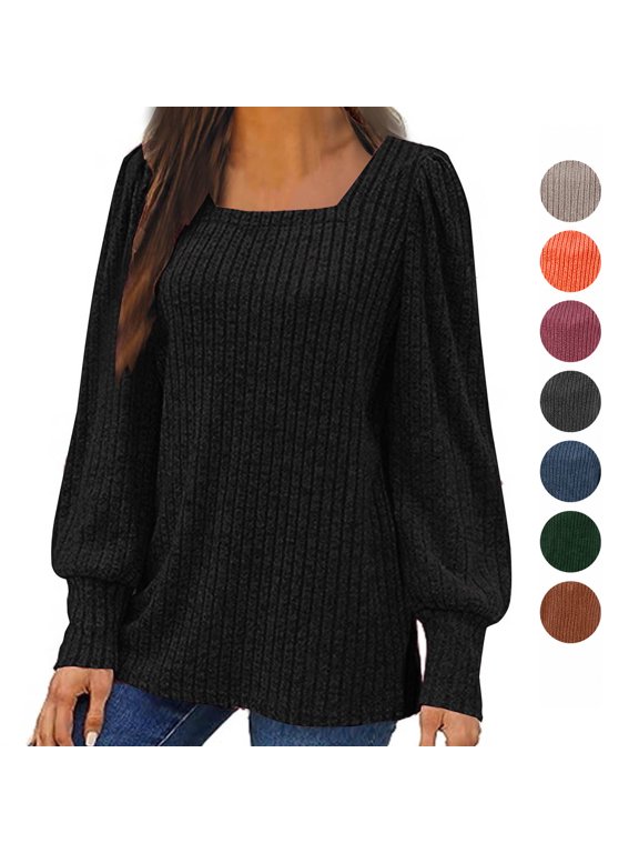 Women Casual Fashion Loose Solid Color square Neck Long Sleeve Hem Split Ribbed Knit Tunic Top Black Black#2