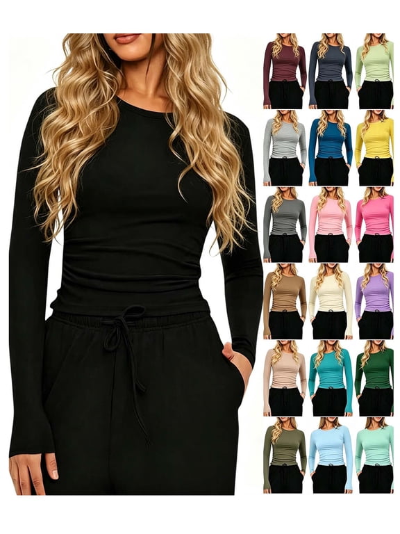 Women Casual Solid Color Crew Neck Long Sleeve Fitted Tee Tops Slim Fit Basic Shirts Stretch Fashion Fall Everyday Tops Black L