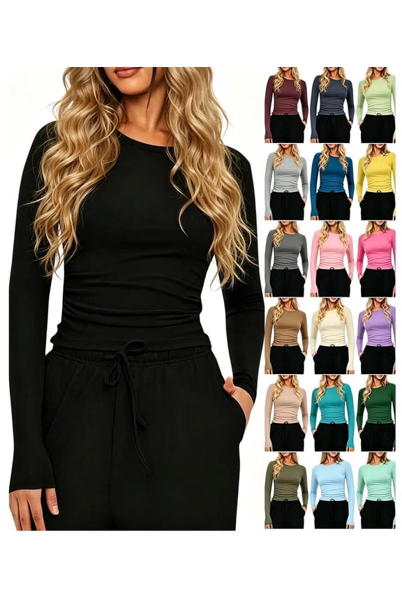 Women Casual Solid Color Crew Neck Long Sleeve Fitted Tee Tops Slim Fit Basic Shirts Stretch Fashion Fall Everyday Tops Black S