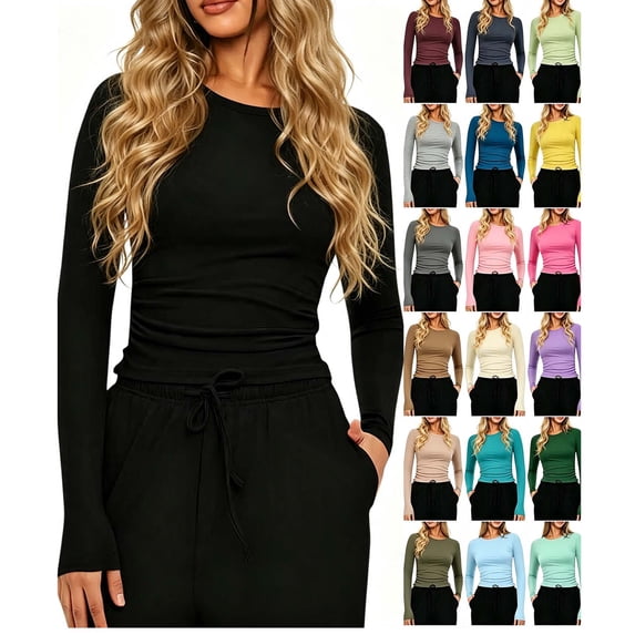 Hzzrkos Women Casual Solid Color Crew Neck Long Sleeve Fitted Tee Tops Slim Fit Basic Shirts Stretch Fashion Fall Everyday Tops Black XXL
