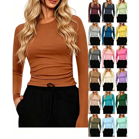 Hzzrkos Women Casual Solid Color Crew Neck Long Sleeve Fitted Tee Tops Slim Fit Basic Shirts Stretch Fashion Fall Everyday Tops Brown S