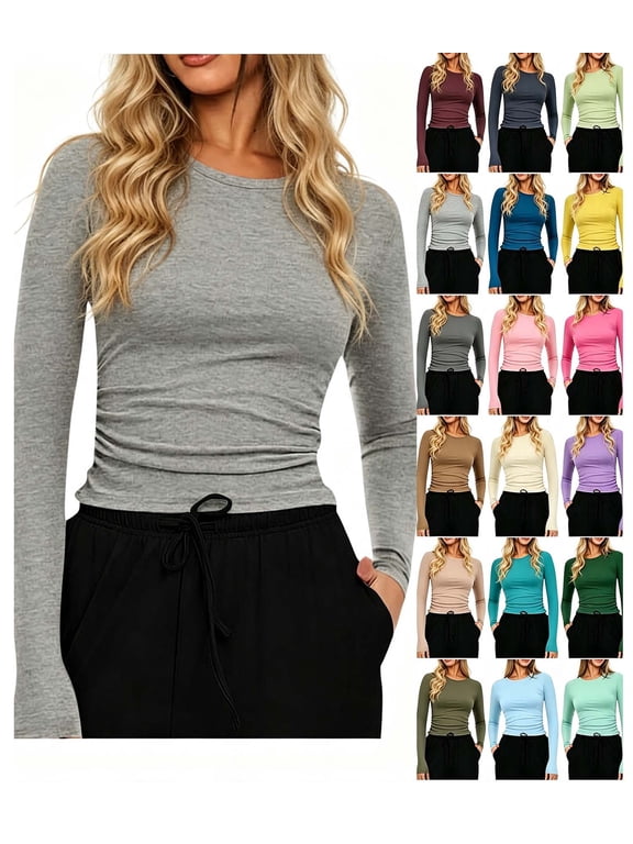 Women Casual Solid Color Crew Neck Long Sleeve Fitted Tee Tops Slim Fit Basic Shirts Stretch Fashion Fall Everyday Tops Gray XL
