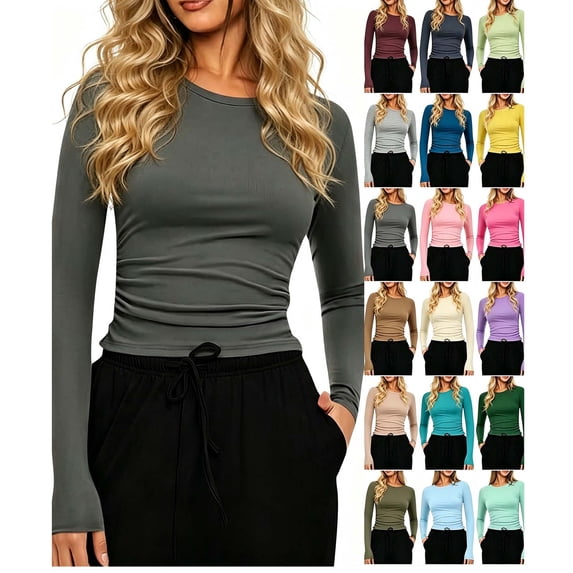 Hzzrkos Women Casual Solid Color Crew Neck Long Sleeve Fitted Tee Tops Slim Fit Basic Shirts Stretch Fashion Fall Everyday Tops Gray XL