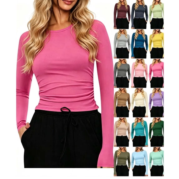 Hzzrkos Women Casual Solid Color Crew Neck Long Sleeve Fitted Tee Tops Slim Fit Basic Shirts Stretch Fashion Fall Everyday Tops Hot Pink XL