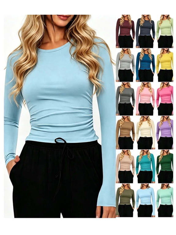 Women Casual Solid Color Crew Neck Long Sleeve Fitted Tee Tops Slim Fit Basic Shirts Stretch Fashion Fall Everyday Tops Light Blue M