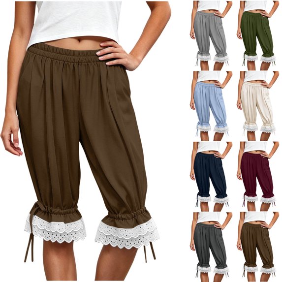 Hzzrkos Women Casual Fashion Solid Color Elastic‑Waist Loose Capri Pants With Pockets Relaxed‑Fit Trousers for Daily‑wear Home Outdoor Travelling