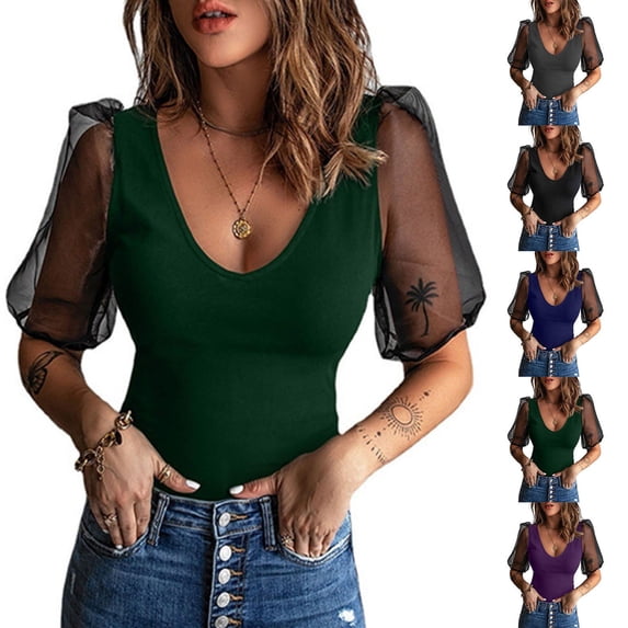 Hzzrkos Women Casual Fitted Solid Color V Neck Mesh Puff Short Sleeve Blouse Top