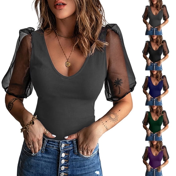 Hzzrkos Women Casual Fitted Solid Color V Neck Mesh Puff Short Sleeve Blouse Top