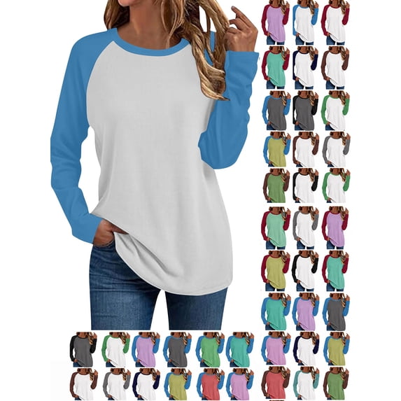 Hzzrkos Women Casual Loose Color Block Raglan Long Sleeve Round Neck Tunic Top Pullover Tee Soft Lightweight Blouse Shirt Everyday Fashion Basic Tops