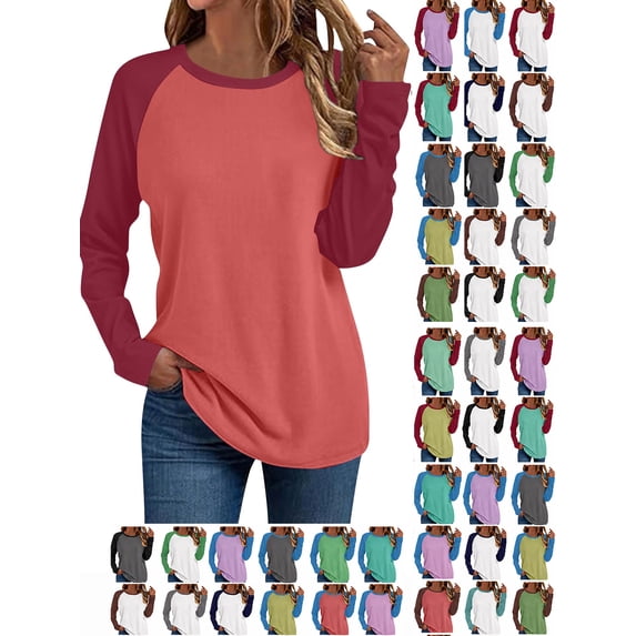 Hzzrkos Women Casual Loose Color Block Raglan Long Sleeve Round Neck Tunic Top Pullover Tee Soft Lightweight Blouse Shirt Everyday Fashion Basic Tops
