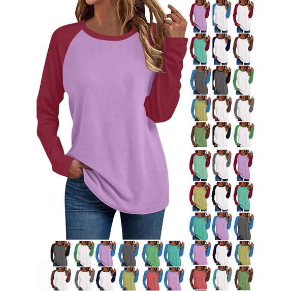 Hzzrkos Women Casual Loose Color Block Raglan Long Sleeve Round Neck Tunic Top Pullover Tee Soft Lightweight Blouse Shirt Everyday Fashion Basic Tops