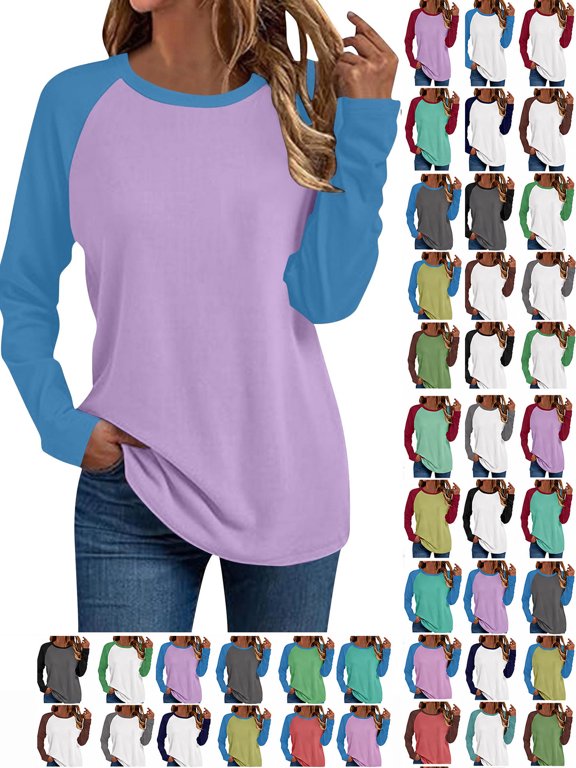 Women Casual Loose Color Block Raglan Long Sleeve Round Neck Tunic Top Pullover Tee Soft Lightweight Blouse Shirt Everyday Fashion Basic Tops