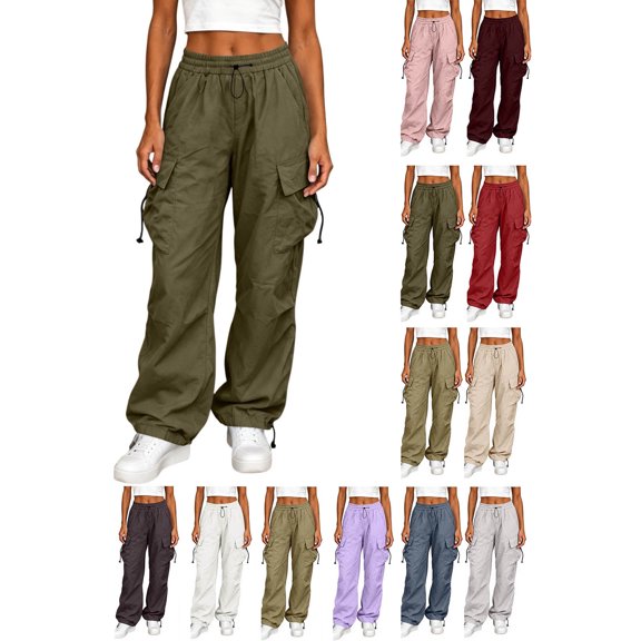 Hzzrkos Women Casual Loose FIT Solid Color Wide Leg Cargo Pants High Waist Drawstring Multi Pocket BAGGY Parachute Trousers for Streetwear Army Green