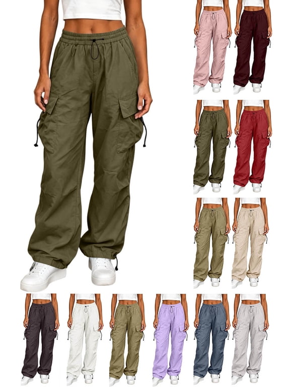 Women Casual Loose FIT Solid Color Wide Leg Cargo Pants High Waist Drawstring Multi Pocket BAGGY Parachute Trousers for Streetwear Army Green