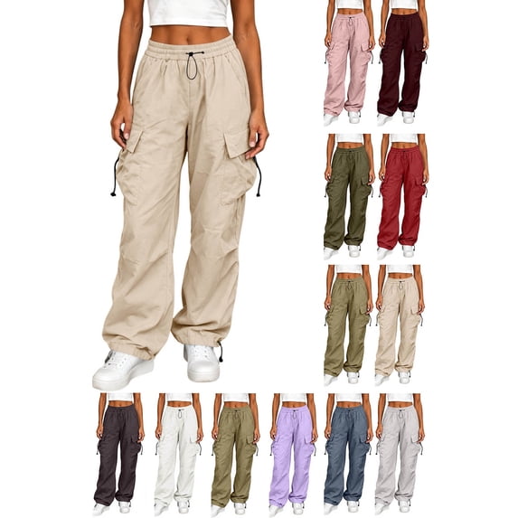 Hzzrkos Women Casual Loose FIT Solid Color Wide Leg Cargo Pants High Waist Drawstring Multi Pocket BAGGY Parachute Trousers for Streetwear Beige