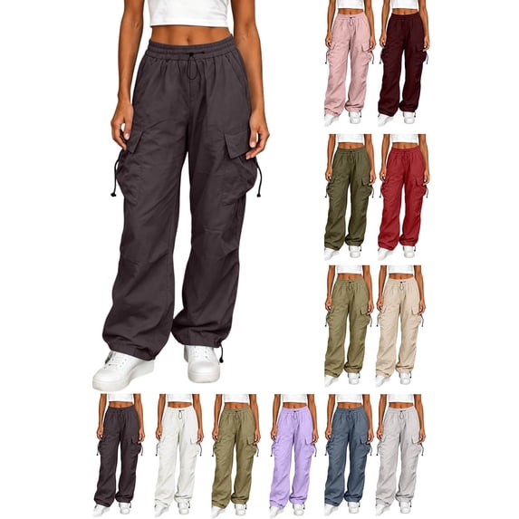 Hzzrkos Women Casual Loose FIT Solid Color Wide Leg Cargo Pants High Waist Drawstring Multi Pocket BAGGY Parachute Trousers for Streetwear Brown