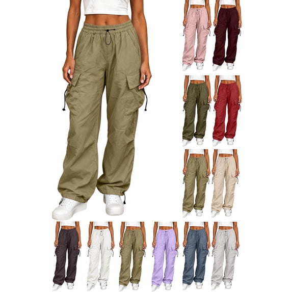 Hzzrkos Women Casual Loose FIT Solid Color Wide Leg Cargo Pants High Waist Drawstring Multi Pocket BAGGY Parachute Trousers for Streetwear Khaki