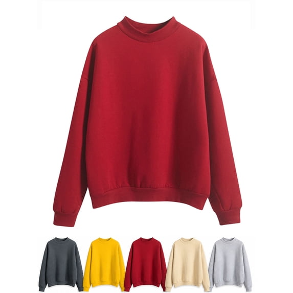 Hzzrkos Women Casual Loose Solid Color Crew Neck Long Sleeve Drop Shoulder Pullover Sweatshirt Tunic Top Soft Fashion Lounge Shirt Everyday Basic Blouse Top Red S