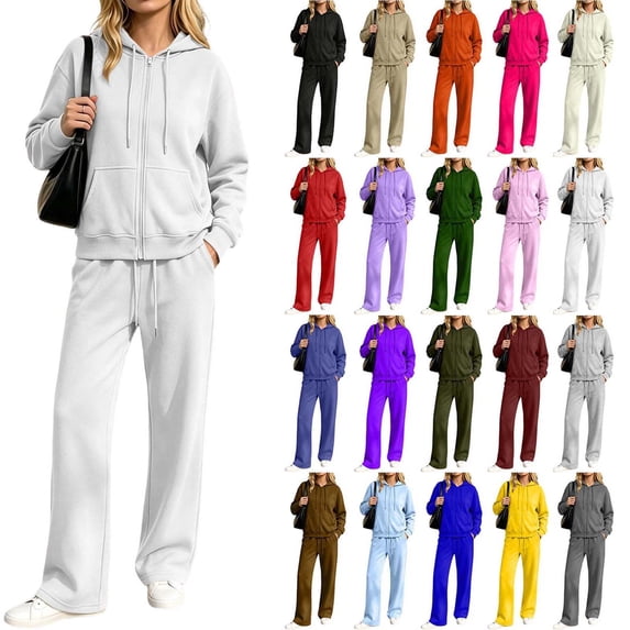 Hzzrkos Women Casual Loose Solid Color Crew Neck Long Sleeve Relaxed Fit Sweatshirt Top Matching Wide Leg Pants Two Piece Outfit Tracksuit White XXXL