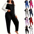 thumbnail image 1 of Hzzrkos Women Casual Loose Solid Color Crew Neck Raglan Long Sleeve Loungewear Pajama Set With Jogger Pants For Indoor Daily Wear Black XXL, 1 of 5