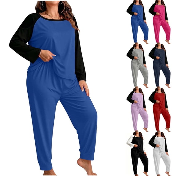 Hzzrkos Women Casual Loose Solid Color Crew Neck Raglan Long Sleeve Loungewear Pajama Set With Jogger Pants For Indoor Daily Wear Blue XXXXL