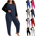 thumbnail image 1 of Hzzrkos Women Casual Loose Solid Color Crew Neck Raglan Long Sleeve Loungewear Pajama Set With Jogger Pants For Indoor Daily Wear Navy XXXXXL, 1 of 5
