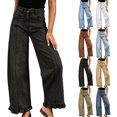 thumbnail image 1 of Hzzrkos Women Casual Loose Solid Color High Waist Frayed Wide Leg Jeans With Pockets for Daily Travel ShoppingBlackXL, 1 of 7