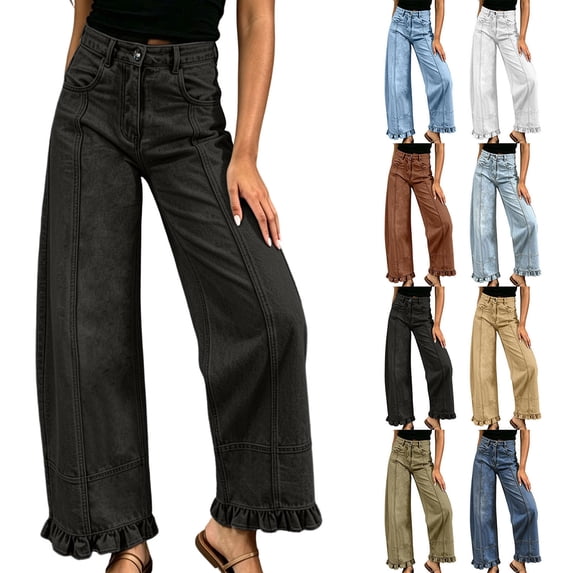 Hzzrkos Women Casual Loose Solid Color High Waist Frayed Wide Leg Jeans With Pockets for Daily Travel ShoppingBlackXL