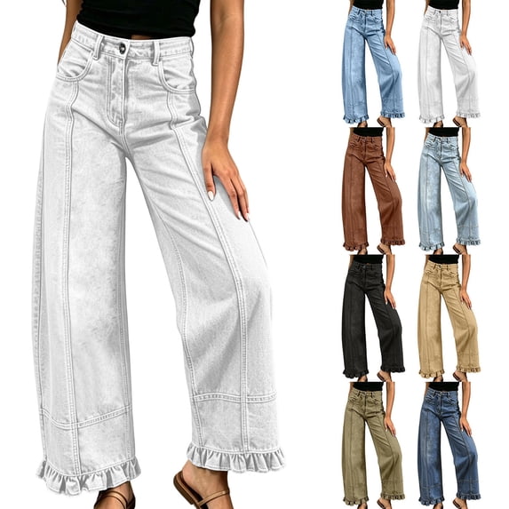 Hzzrkos Women Casual Loose Solid Color High Waist Frayed Wide Leg Jeans With Pockets for Daily Travel ShoppingWhiteXL